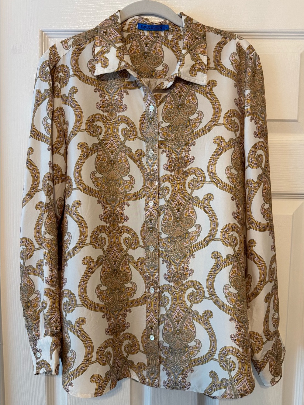 J. McLaughlin Button-Up Silk Blend Blouse Shirt - Cream & Brown
